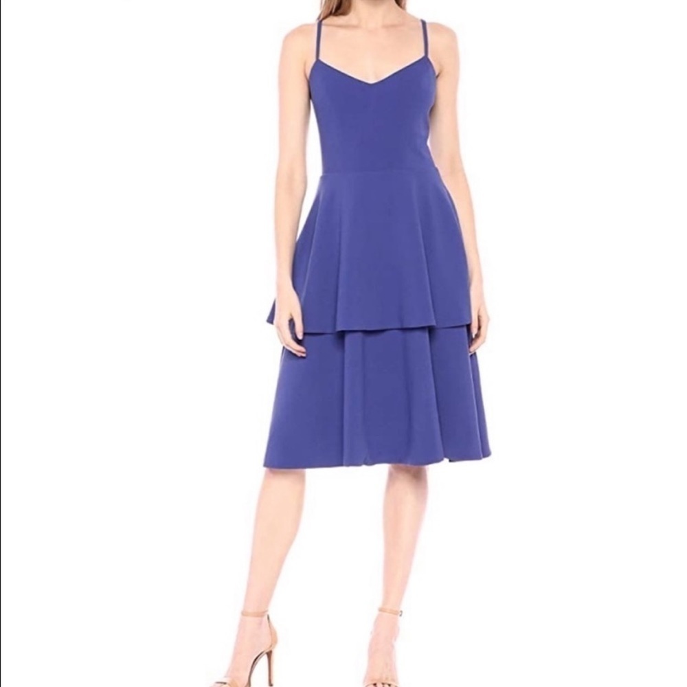 Dress the Population Yasmin Peplum Tiered Bright Blue Midi Dress Sleeveless